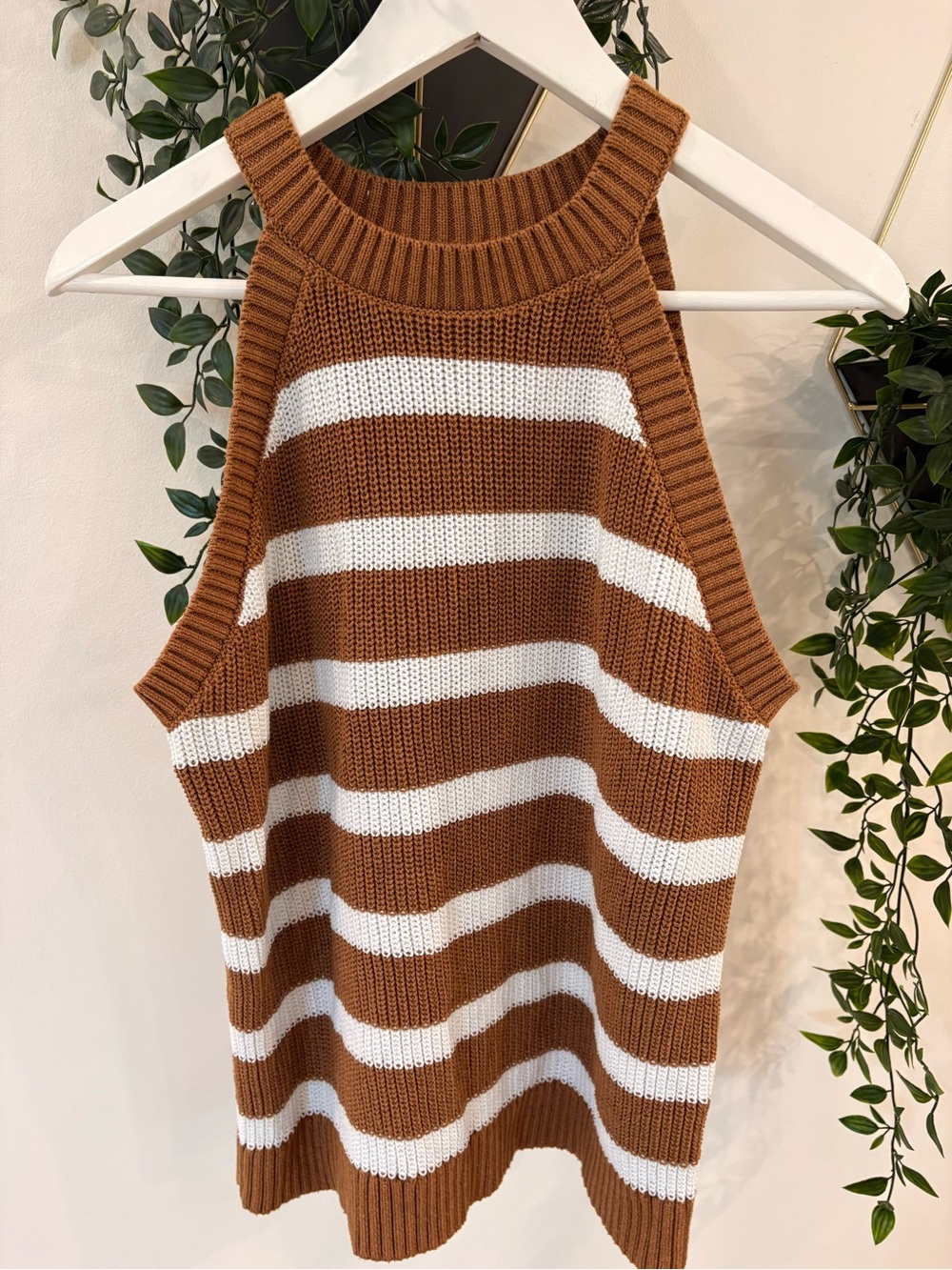 Old Navy Brown and White Striped Off-the-Shoulder Sweater
